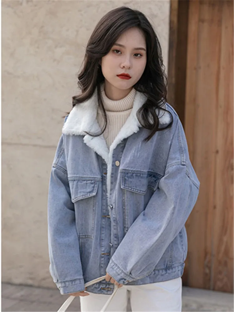 

Женская утепленная джинсовая куртка, Повседневная утепленная джинсовая куртка большого размера с хлопковой подкладкой, корейская мода, Осень-зима 2023