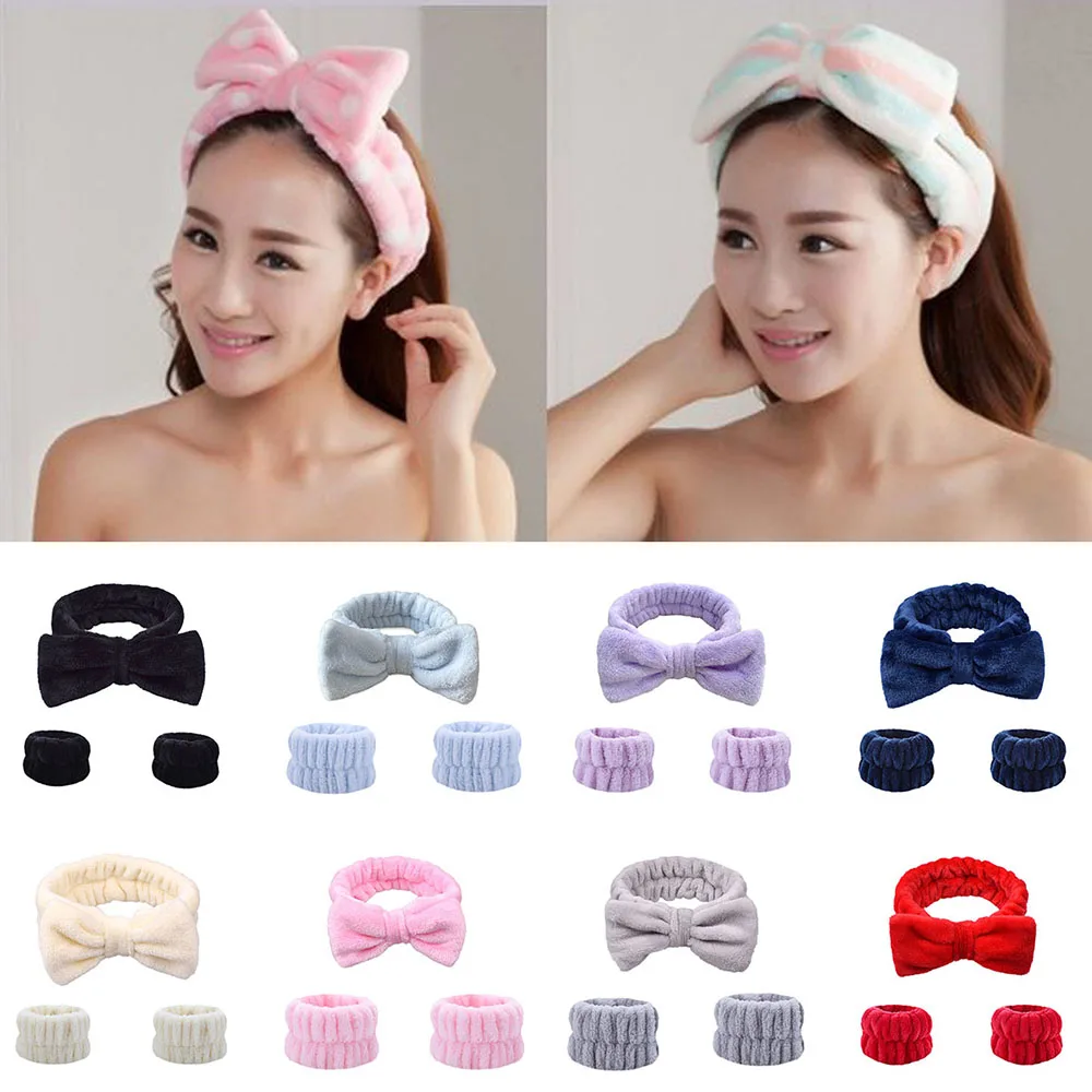 

Women Waterproof Face Washing Wristband Headband Set Coral Fleece Absorbent Wrist Sweatband Hairbands Make Up Spa Bow Headband