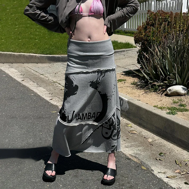 

Lrregular Abstract Printed Patchwork Skirt Street Lazy Casual Retro Bathroom Dress