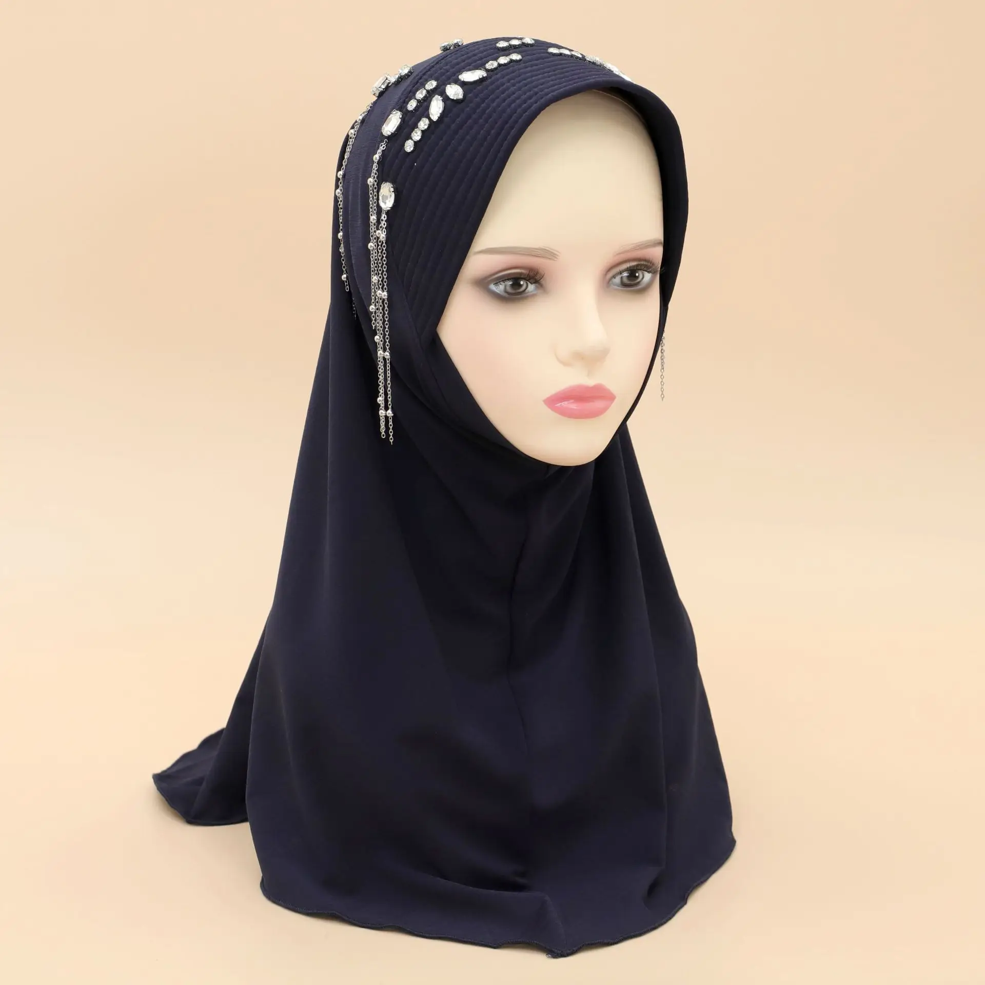 Модный мусульманский хиджаб Амира платок с полями и бриллиантовой бахромой
