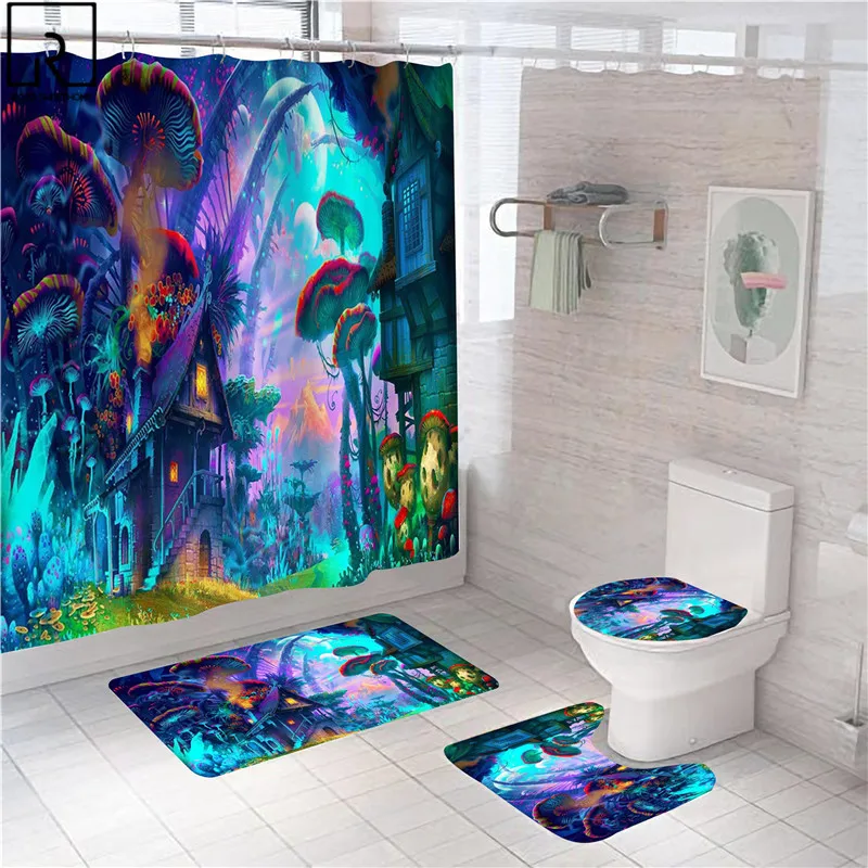 

Fairy Tale World Shower Curtain Dreamlike Bathroom Decorative Partition Mushroom Bath Mat Anti-slip Rugs Bathtub Screen Home