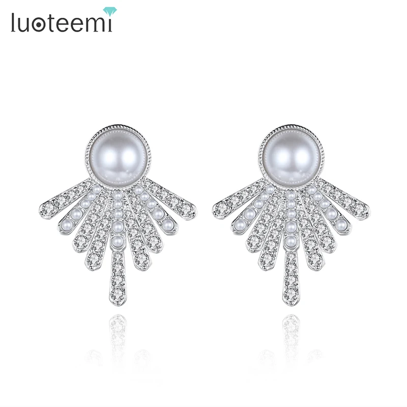 

LUOTEEMI Korean Style Simulated Pearl Stud Earrings Women Cute Geometric High Quality CZ Stones Party Ear Ring Accessories Girls