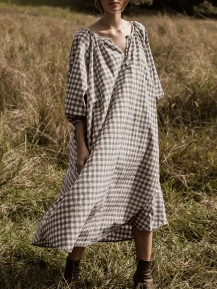 

Платье ZANZEA женское средней длины с V-образным вырезом и длинным рукавом-фонариком