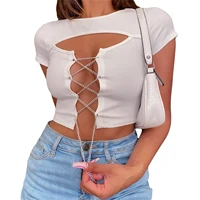 women clothing sexy summer polyester crop tops hollow out chains bandage o neck short sleeve t shirts for girls