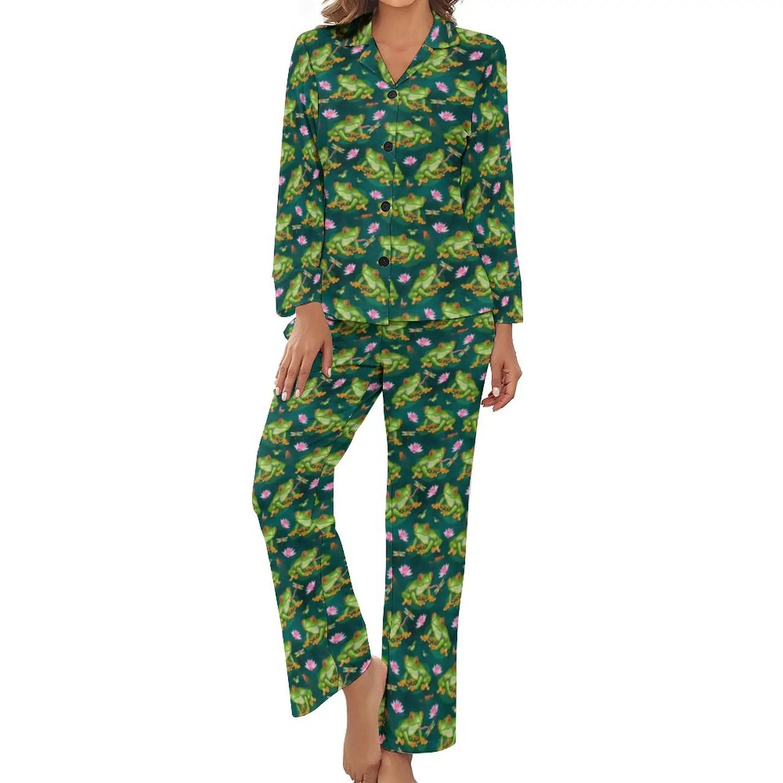 

Frog Tropical Pajamas 2 Piece Lily Pad Dragonfly Fish Pond Animals Lovely Pajama Sets Long Sleeve V Neck Room Printed Sleepwear