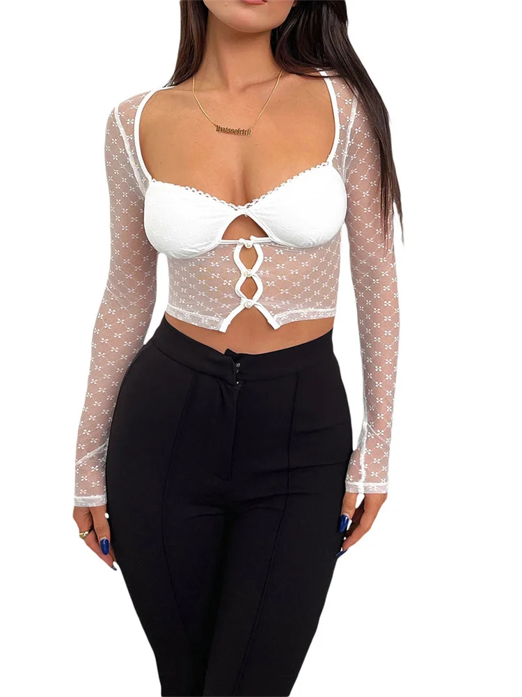 

Женский прозрачный укороченный Топ с длинным рукавом, с вырезами