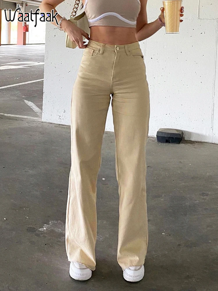 

Waatfaak Khaki Boyfriend Streetwear Jeans Straight Leg Baggy Mom Jeans High Waist 90S Cargo Pants Women Hole Vintage Korean