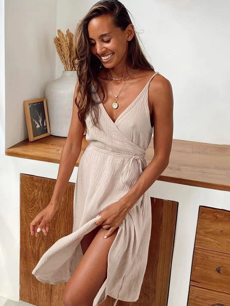 

Elegant Dresses Woman Summer Sling Night Skirt Pajamas Split Nightclothes Sexy Korean Fashion Leisure Wear Solid Backless Dress