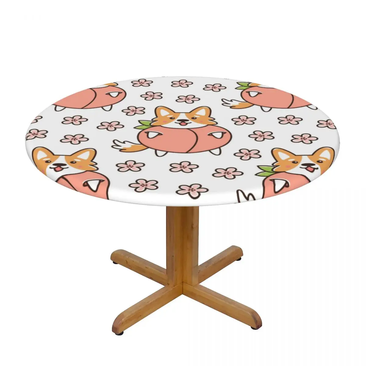 

Fitted Round Tablecloth Protector Soft Table Cover Dog Welsh Corgi In Peach With Flowers Anti-Scald Plate Kitchen Tablemat