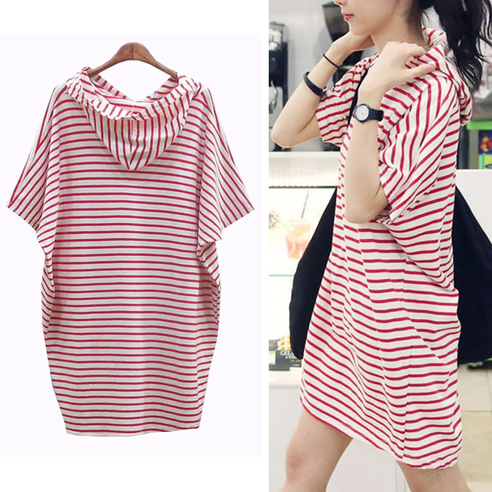 

Женское свободное платье с капюшоном, короткое Свободное платье в полоску с капюшоном и рукавом «летучая мышь», в стиле бохо, лето 2022