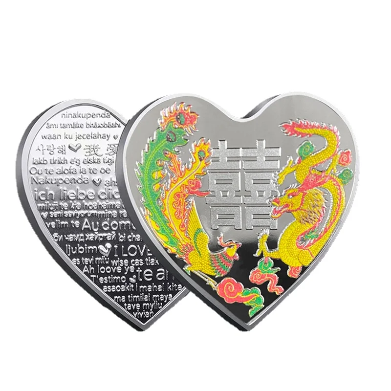 

Chinese Lucky Coin Heart Shaped Dragon Phoenix Collectible Coin for Lover Commemorative Animal Mascot Wedding Souvenir