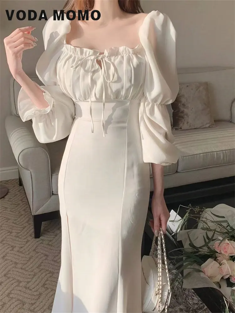 

Элегантное приталенное платье с квадратным вырезом, платье с открытыми плечами и воротником-стойкой, Корейская версия, облегающее платье в ...