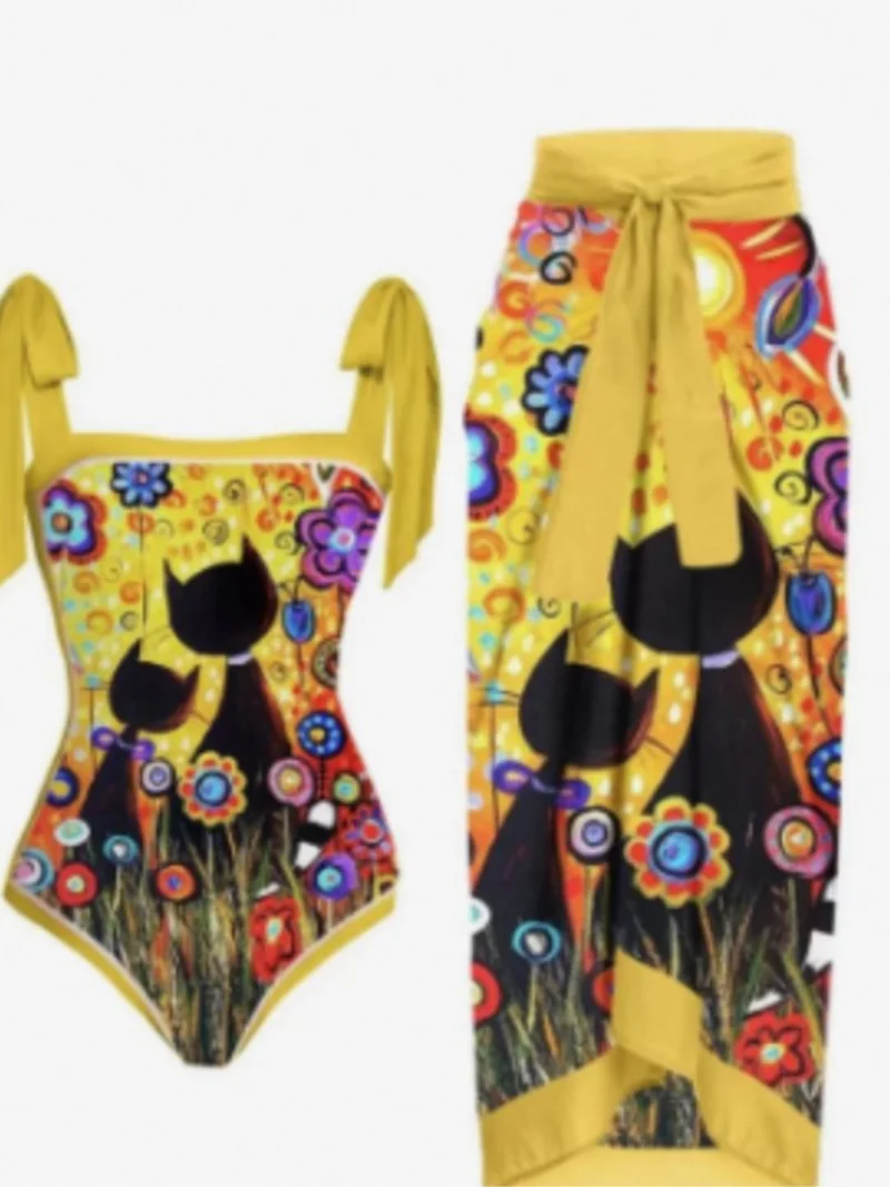 Bikini Bodysuit Swimwear Women With Skirt Bathing Suit Summer New Ruffle Splice Print Beachwear Holiday Bikini Cover Ups Outfits