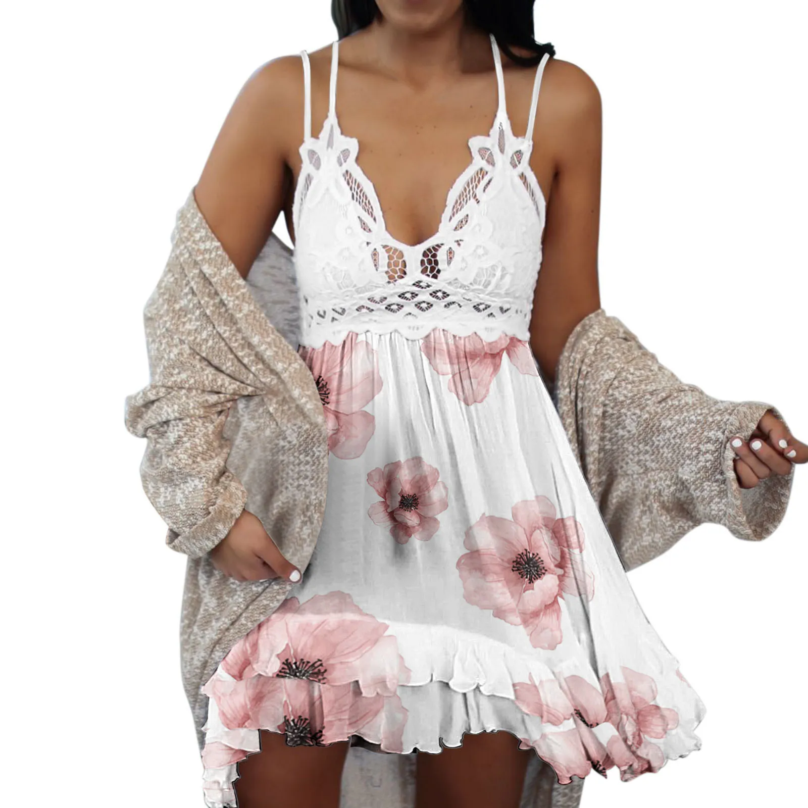 

Summer White Floral Lace Dress Women Sexy V Neck Spaghetti Strap Short Dresses