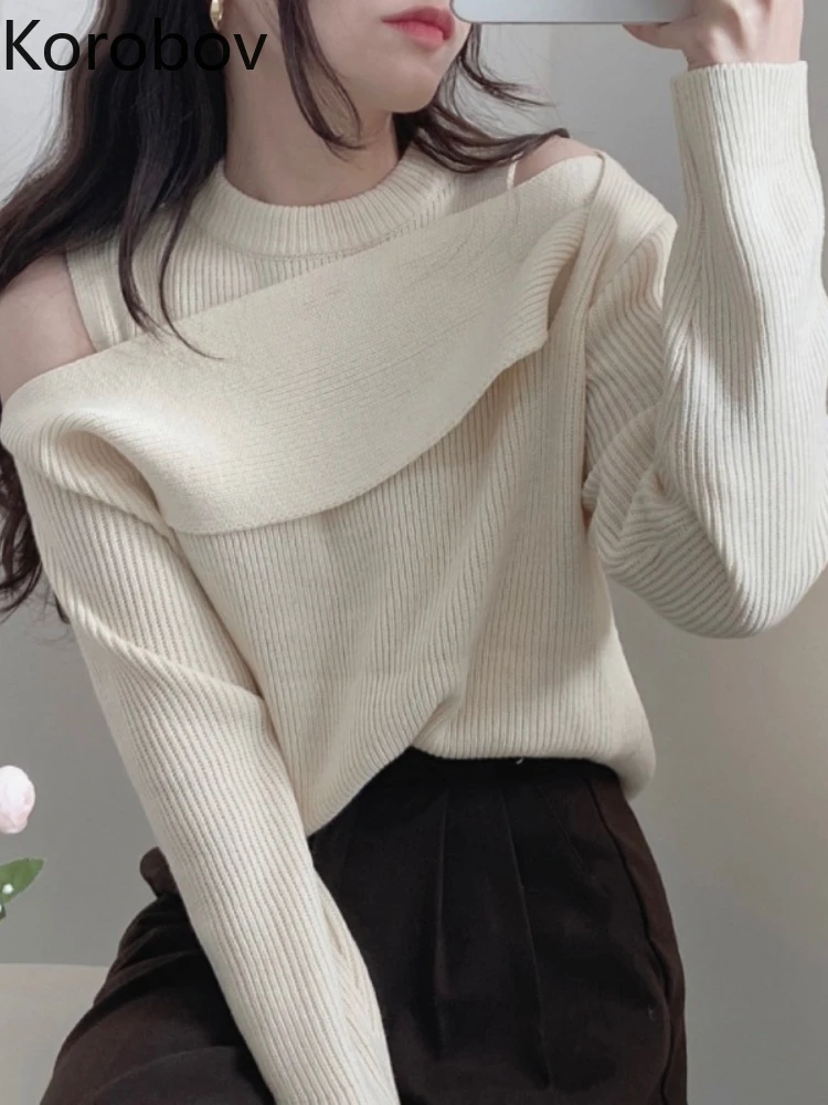 

Korobov French Chic Off The Shoulder Knitted Long Sleeve Top Korean Fashion Pullover Sweater Female Autumn New Gentle Style