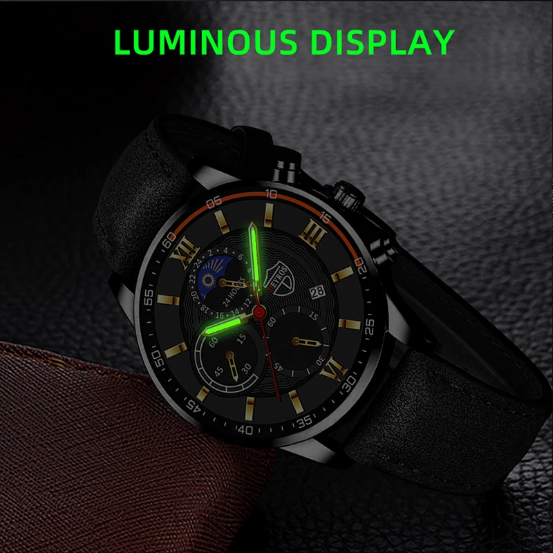 Fashion men's sports watch men's business quartz watch luxury black leather bracelet men's casual luminous clock watch