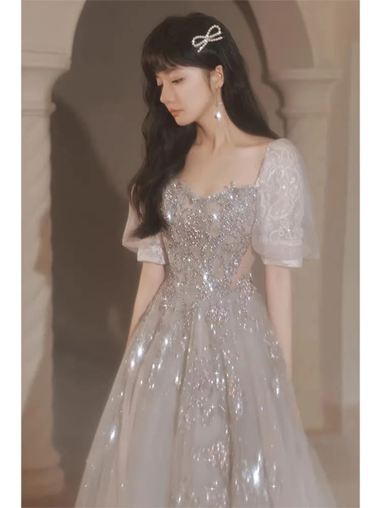 

Gray Bridesmaid Dresses Square Collar Beading Sequins Half Sleeve Lace-up Wedding Party Saudi Quinceanera Evening Ball Gowns New