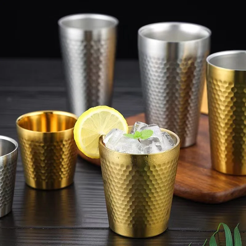 

Double-Wall Keep Cold Beer Cup 304 Stainless Steel Mug Hammered Texture Water Mugs Coffee Travel Mug Anti-scalding Anti-fall