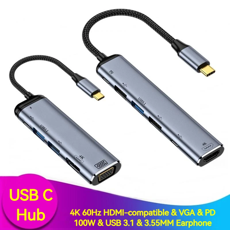 

USB C HUB 4K 60Hz Type C to HDMI-compatible VGA PD 100W Adapter USB 3.1 Extension Converter For Macbook Air Pro iPad Pro Phone