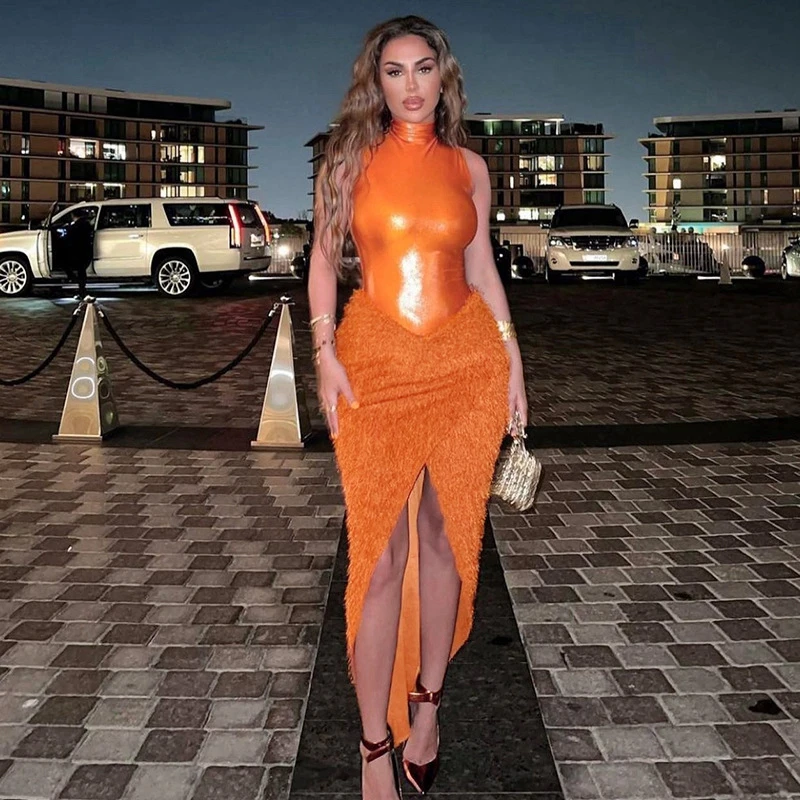 

Women 2022 Autumn Two Piece Dress Set Sleeveless Turtleneck Jumpsuit And Irregular High Split Skirts Sexy Night Club Party Suit
