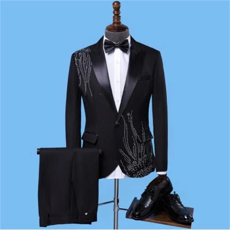 New suit men's blazers diamond jackets homme black host costume stage chorus dress veste homme luxe пиджак fashion clothes