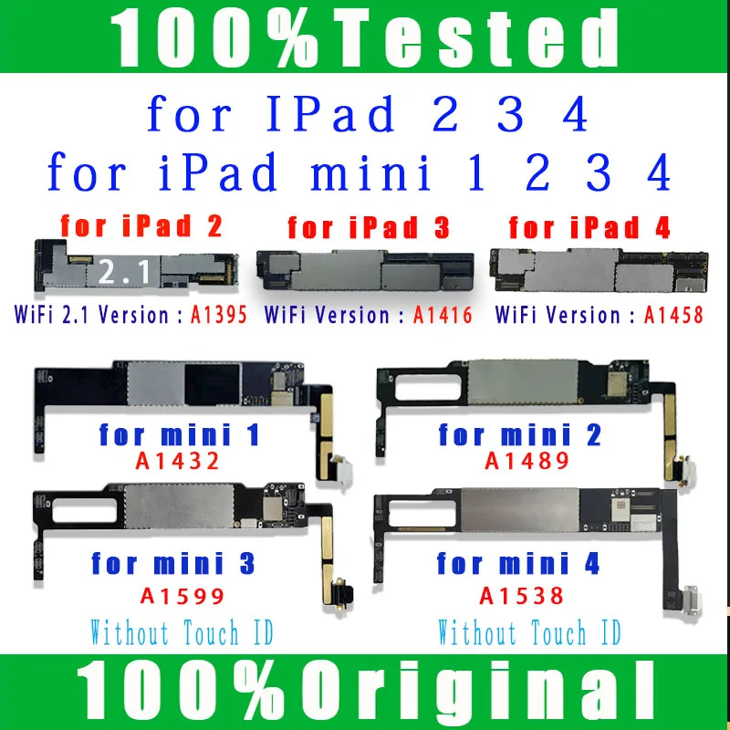 A1395 A1416 A1458 Logic Boards for iPad 2 3 4  Motherboard A1432 A1489 A1599 A1538 for iPad mini 1 2 3 4 Motherboard NO iCloud