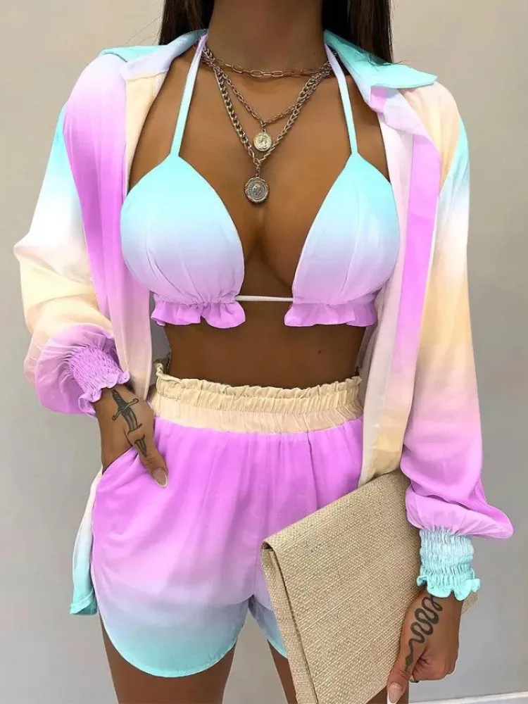 

Новинка лета 2023, американская Женская мода, пикантные шорты с длинным рукавом и принтом, комплект из трех предметов, праздничная одежда, оптовая продажа