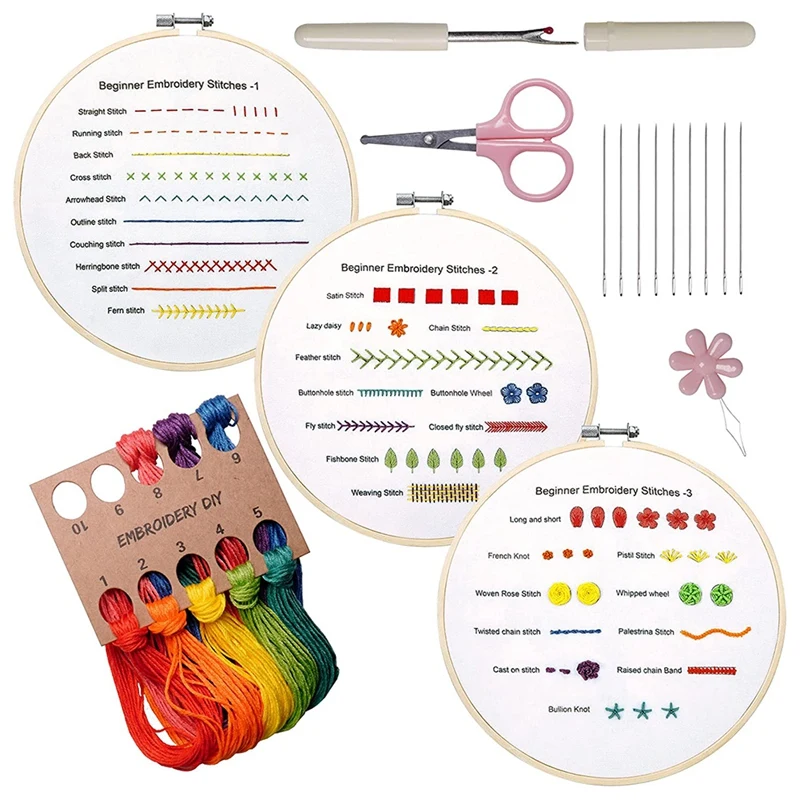 

Embroidery Embroidery Practice Sets For Beginners, 3 Embroidery Sets To Learn 30 Different Stitches, Hand Sewing Kit