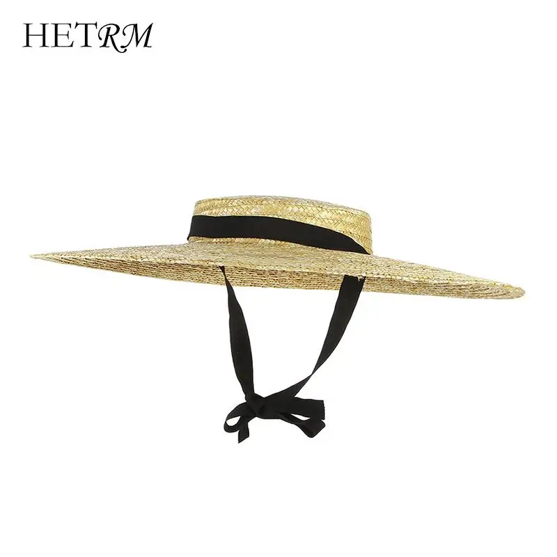 

Women Raffia Wide Brim Boater Hat 12/15/18cm Brim Straw Hat Flat Women Summer With White Black Ribbon Tie Sun Hat Beach Cap