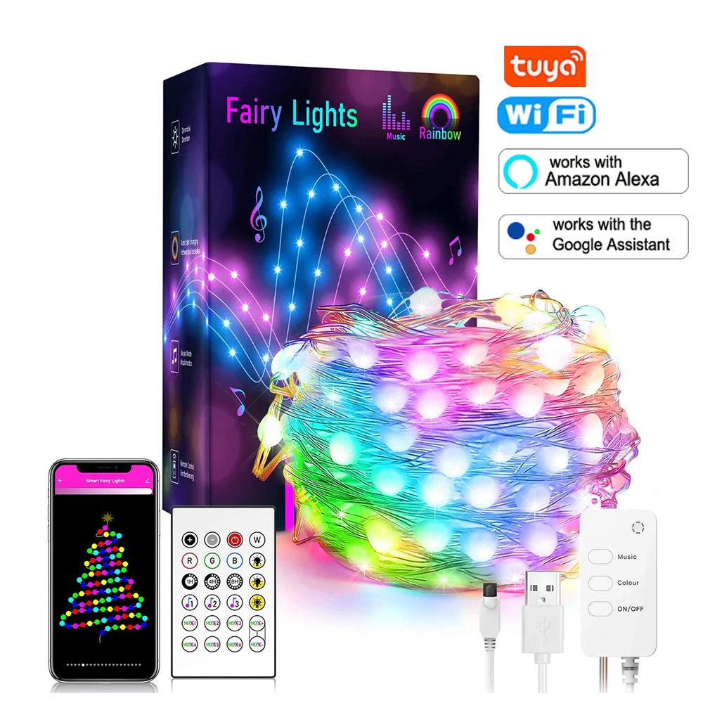 

TuYa WiFi 5/10/20M LED String Light RGB Music Sync Fairy Lamp Multiple Modes Color Lights Waterproof Ball Lamp With Alexa Google
