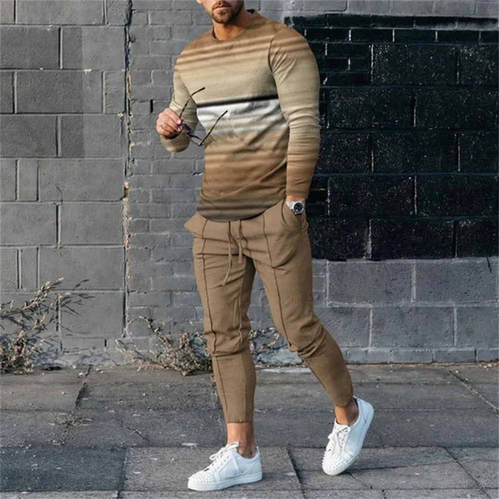 2023 New Men's 2 Piece Set Trousers Tracksuit 3D Printed Autumn Joggers Long Sleeve T Shirt+Pants Casual Street Sport Clothes