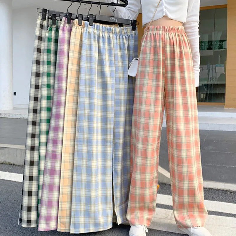 Vintage Plaid Thin Pants Women High Waist Wide Leg Trousers Summer Loose Casual Female Fashion Streetwear Straight Sweatpants