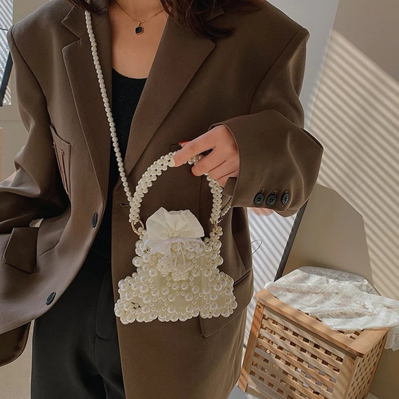 

Luxury Artificial Pearl Woven Handbag Shoulder Bags for Women Summer Travel Tote Purse Female Crossbody Bag