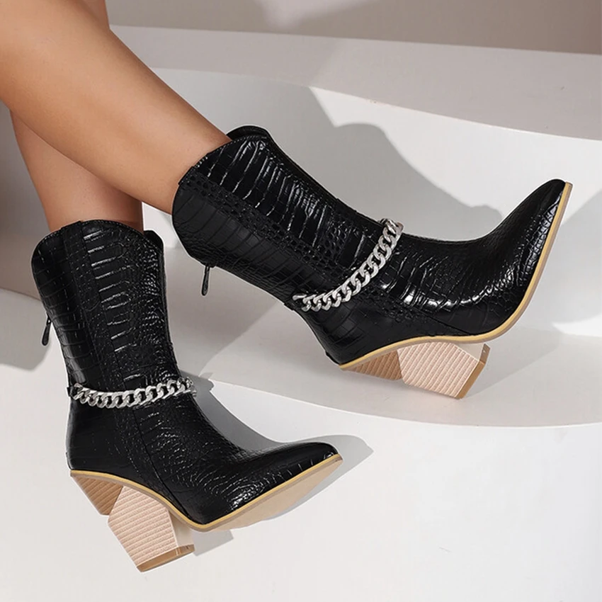 Eokkar Wedges Cowboy Ankle Boots for Women Stacked High Heel Cowgirl Boots Western Chain Pointed Toe Mid Calf Boots White Boots