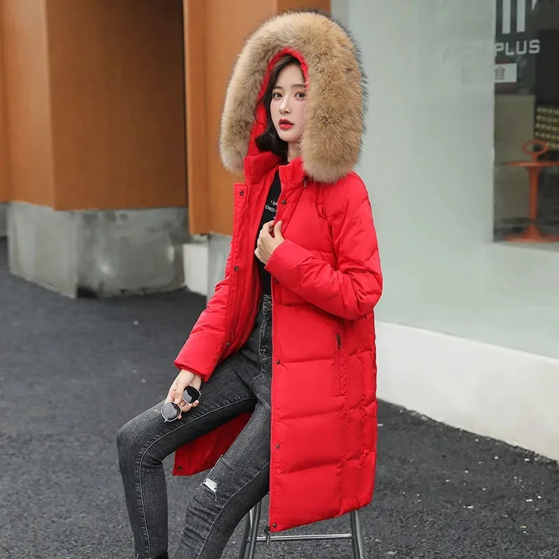 2022 New Women's Jacket Parka Winter Jacket Fur Collar Hooded Down Cotton Parkas Overcoat Thick Slim Long Coat Outerwear