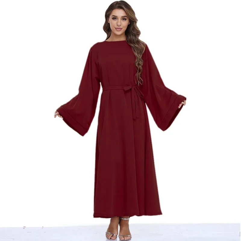 

Summer Elegant Muslim Women Long Sleeve O-neck Polyester Long Abaya Muslim Fashion Dresses Abaya Dress Muslim Dress Women