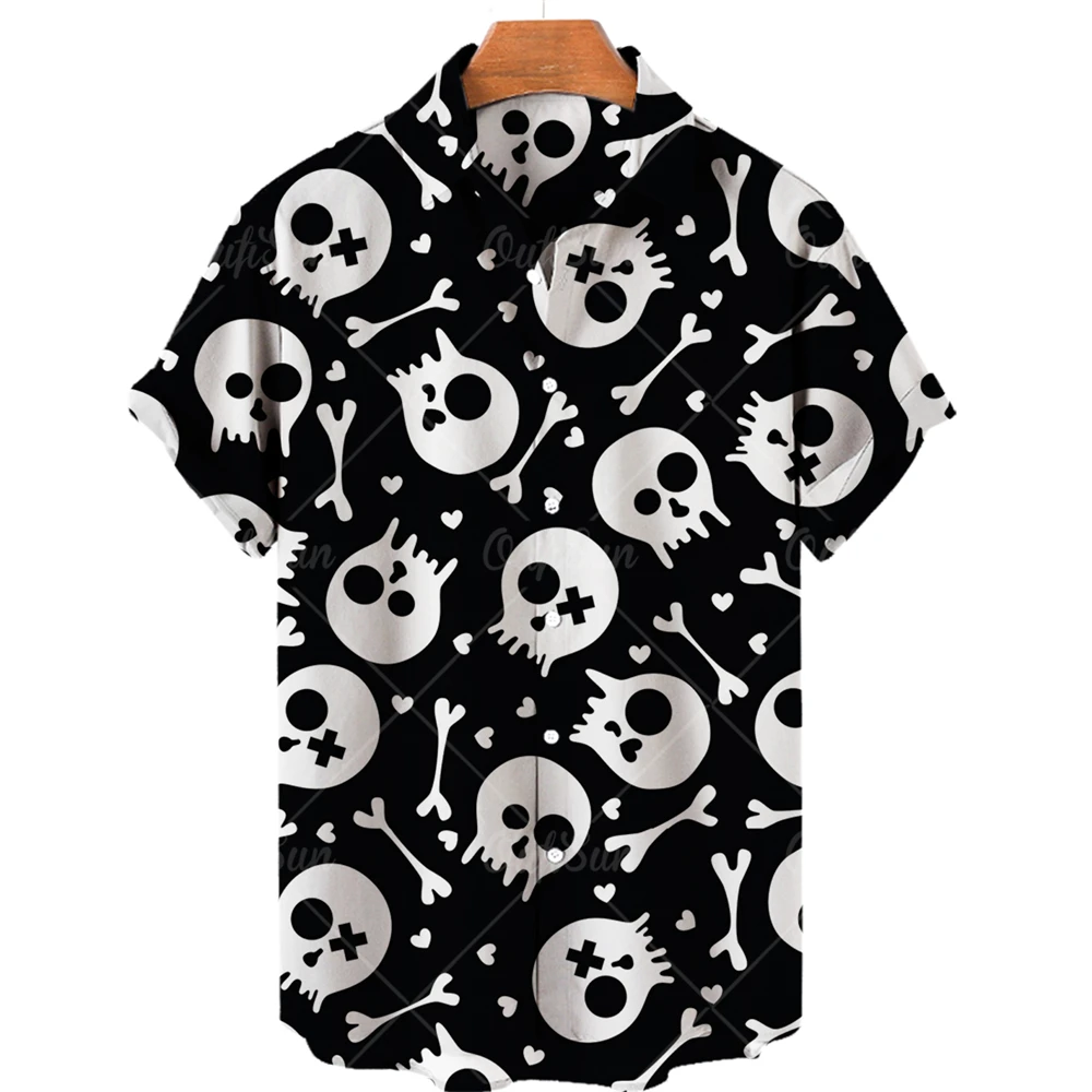 

Summer Men's Shirt Vintage Horror Skull Print Hawaiian Shirt Lapel Casual Holiday Fashion Short Sleeve Cotton Top Male Clothes