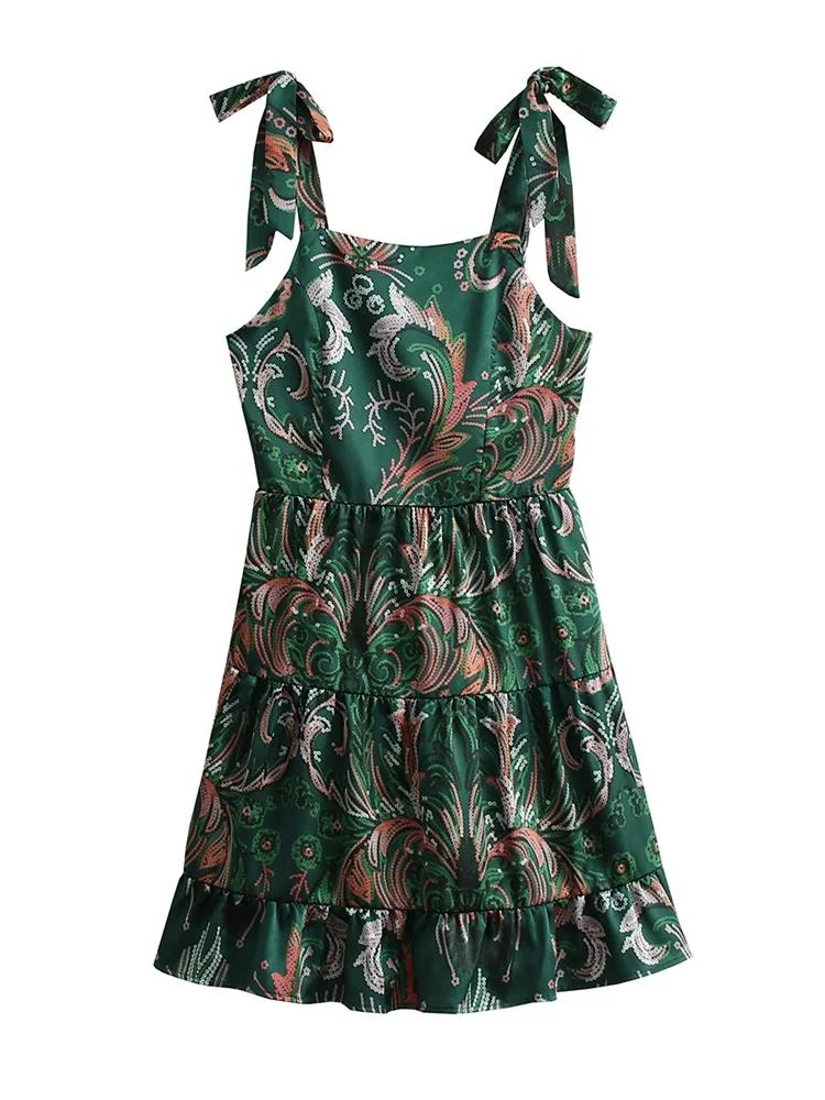 

MESTTRAF Sexy Design 2022 Floral Print Ruffled Mini Dress Retro Sleeveless Wide Straps With Tied Female Dresses Vestidos