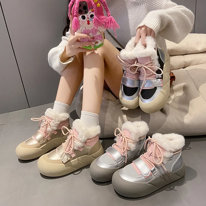 Зимние милые и модные бархатные теплые удобные ботинки с круглым носком на