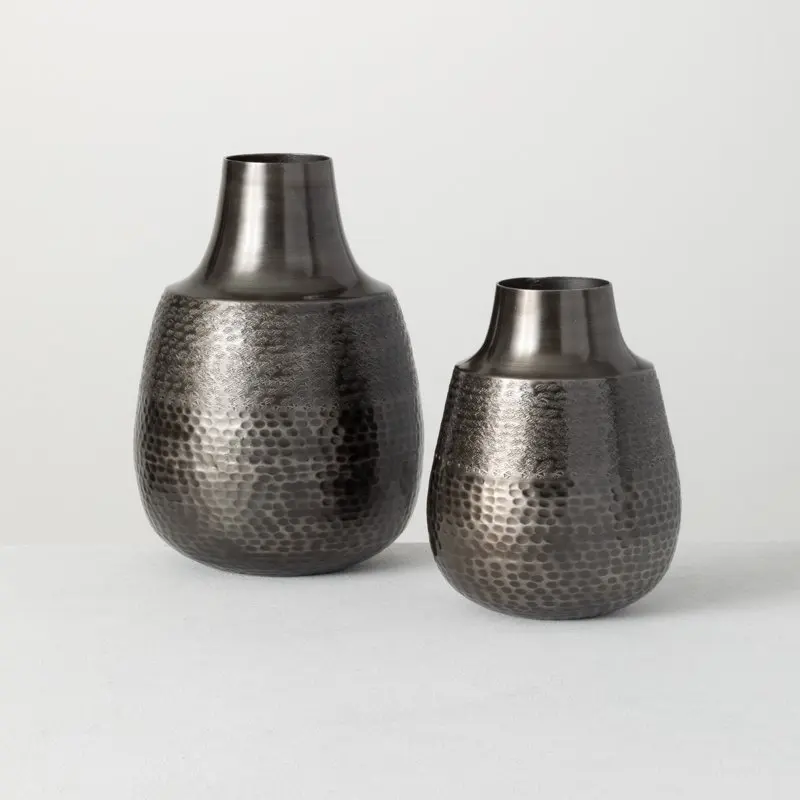 

Set of 2 Hammered Vase 15"H & 11"H Black