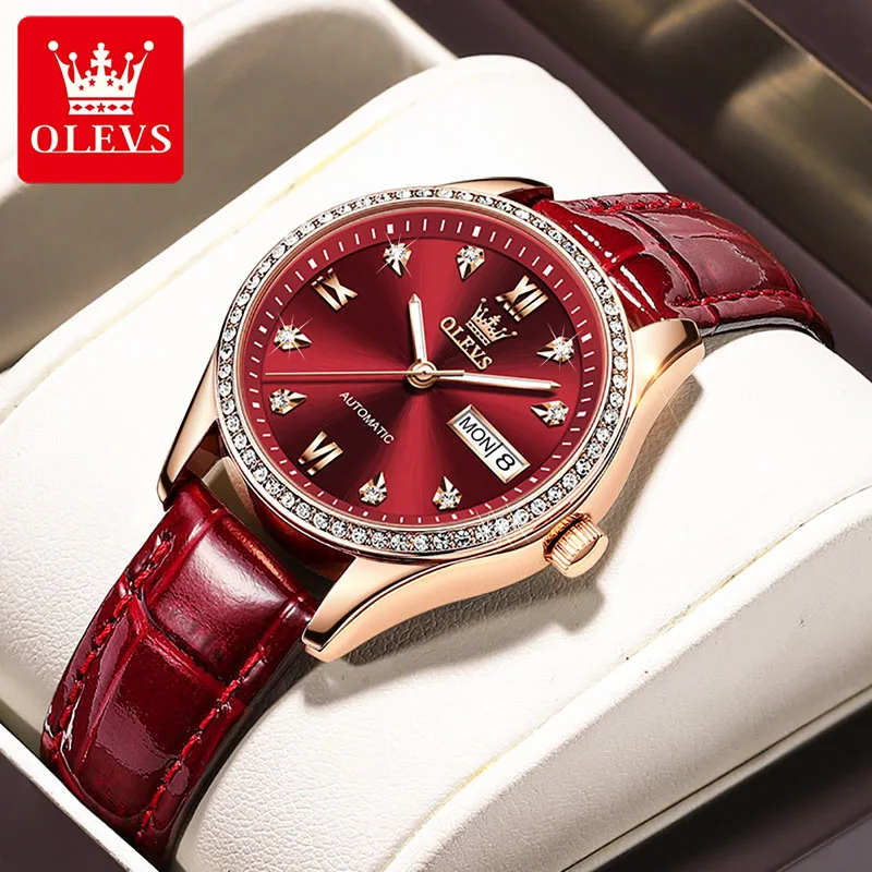 OLEVS Trend Womens Watches Fashion Rose Gold Case Casual Women Watch Leather Strap Waterproof Clock Mechanical Watch Luminous
