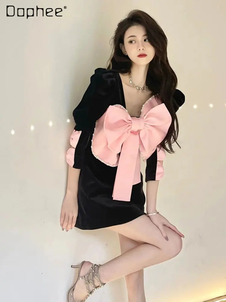 Sweet Women's Pink Pearl Bow Dresses for Women 2022 New Elegant Woman Long Puff Sleeve Black Dress for Party Vestidos Femininos