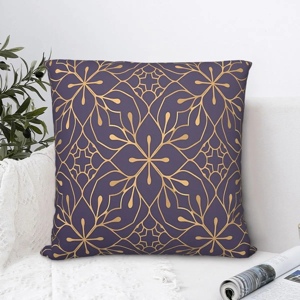 

Gold Purple Flowers Design Throw Pillow Case Oriental Rug Short Plus Cushion Covers Home Sofa Chair Decorative Backpack