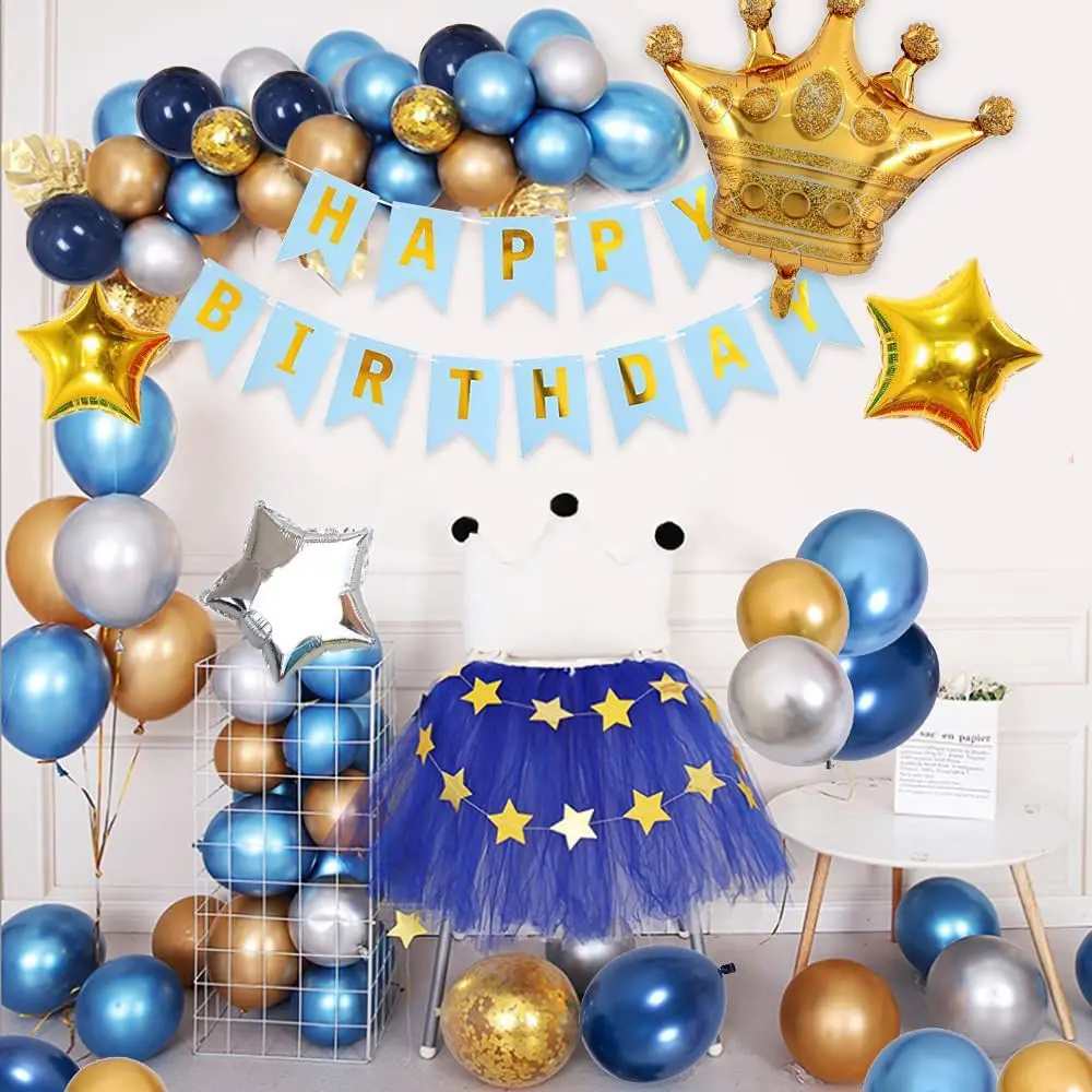 

SURSURPIRSE Navy Blue Silver Balloon Garland Arch Kit Gold Star Crown Foil Balloon Palm Leaves for Kids Birthday Party Supplies
