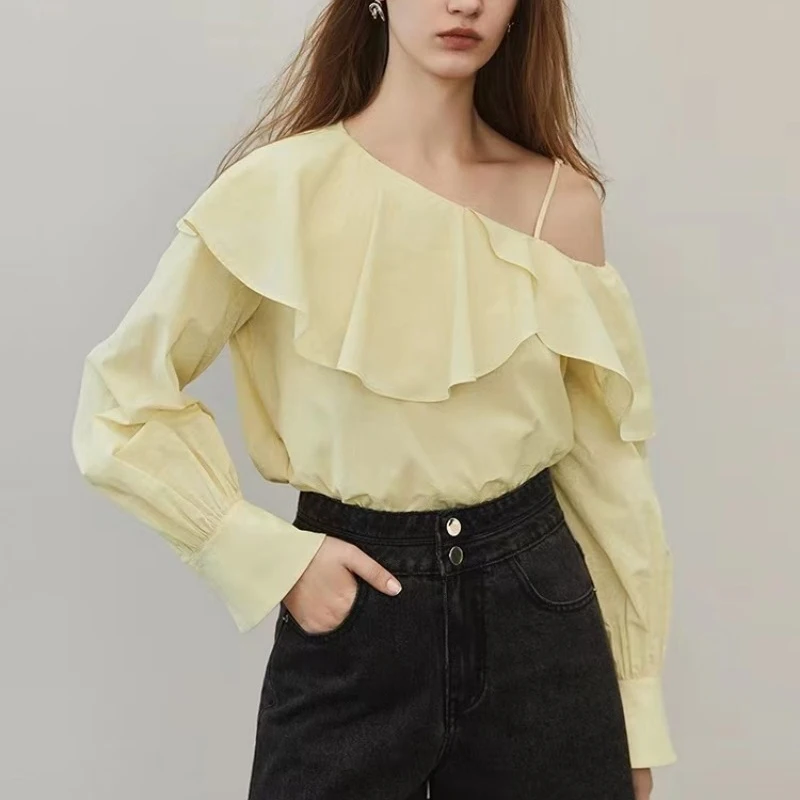 Милая белая рубашка с оборками для женщин Новинка осени 2024 шифоновая блузка