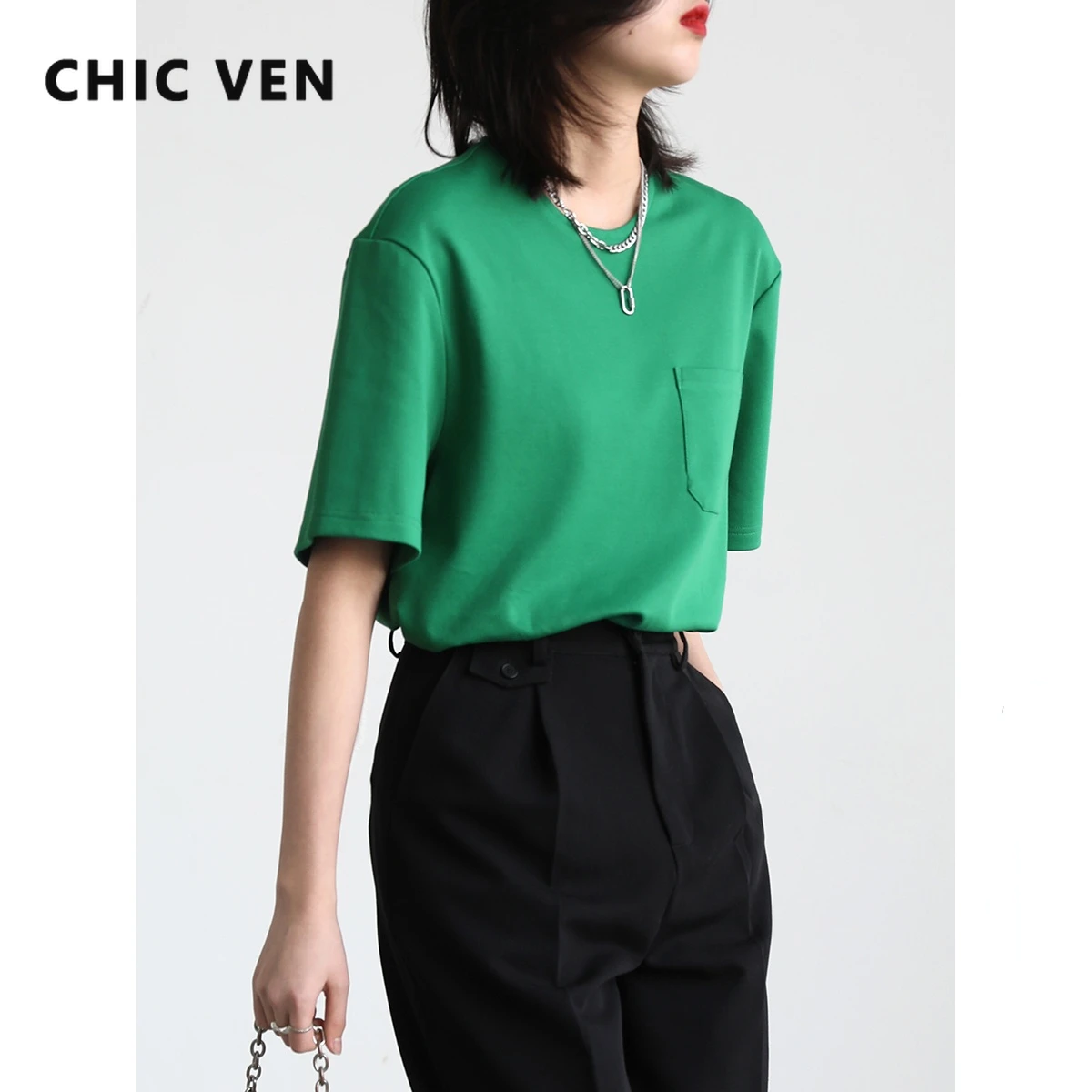 

CHIC VEN T Shirt Women Tee Shirt Cotton Short Sleeve Woman T-Shirts Casual Loose Pocket Women's Top Female Basic Summer 2022