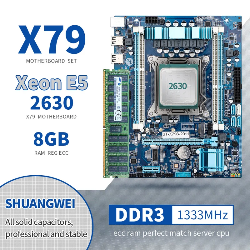

SHUANGWEI X79 Motherboard Set with Xeon E5-2630 8G DDR3 LGA2011 SATA3.0 ATX USB3.0 PCI-E NVME M.2 SSD REG ECC Memory Processor