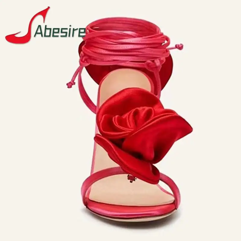 Sexy Silk Rose High Heels Round Toe Ankle Tied Women's Sandals Fashion Summer Big Flower Stiletto Party Wedding Banquet Shoes
