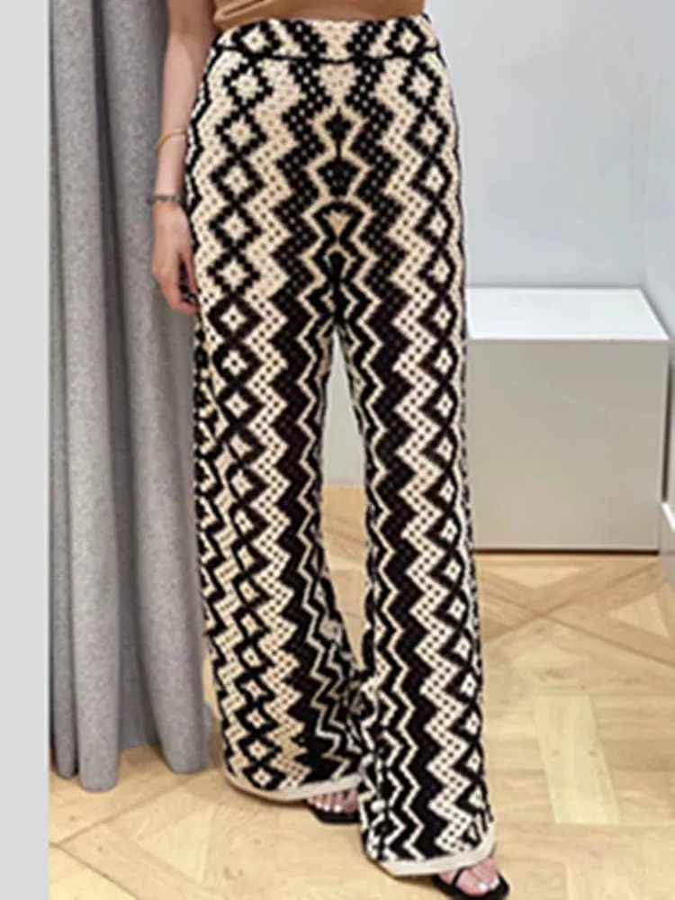 

Women Contrast Color Geometric Pattern Pants 2023 Summer New Lady Crochet Hollow Out Elastic Waist Straight Slim Flared Trousers