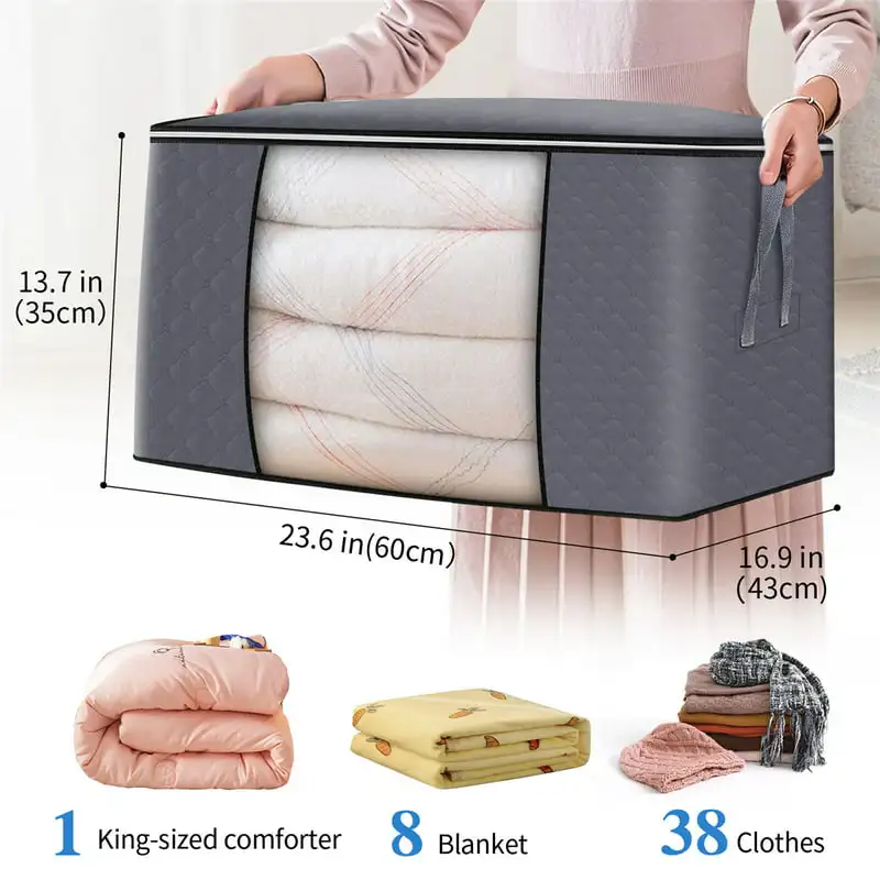 Reinforced Large Capacity Fabric Handles Dark Grey 4 Pack Organizers with Sturdy Stainless Steel Zippers for Clothing, Comforter